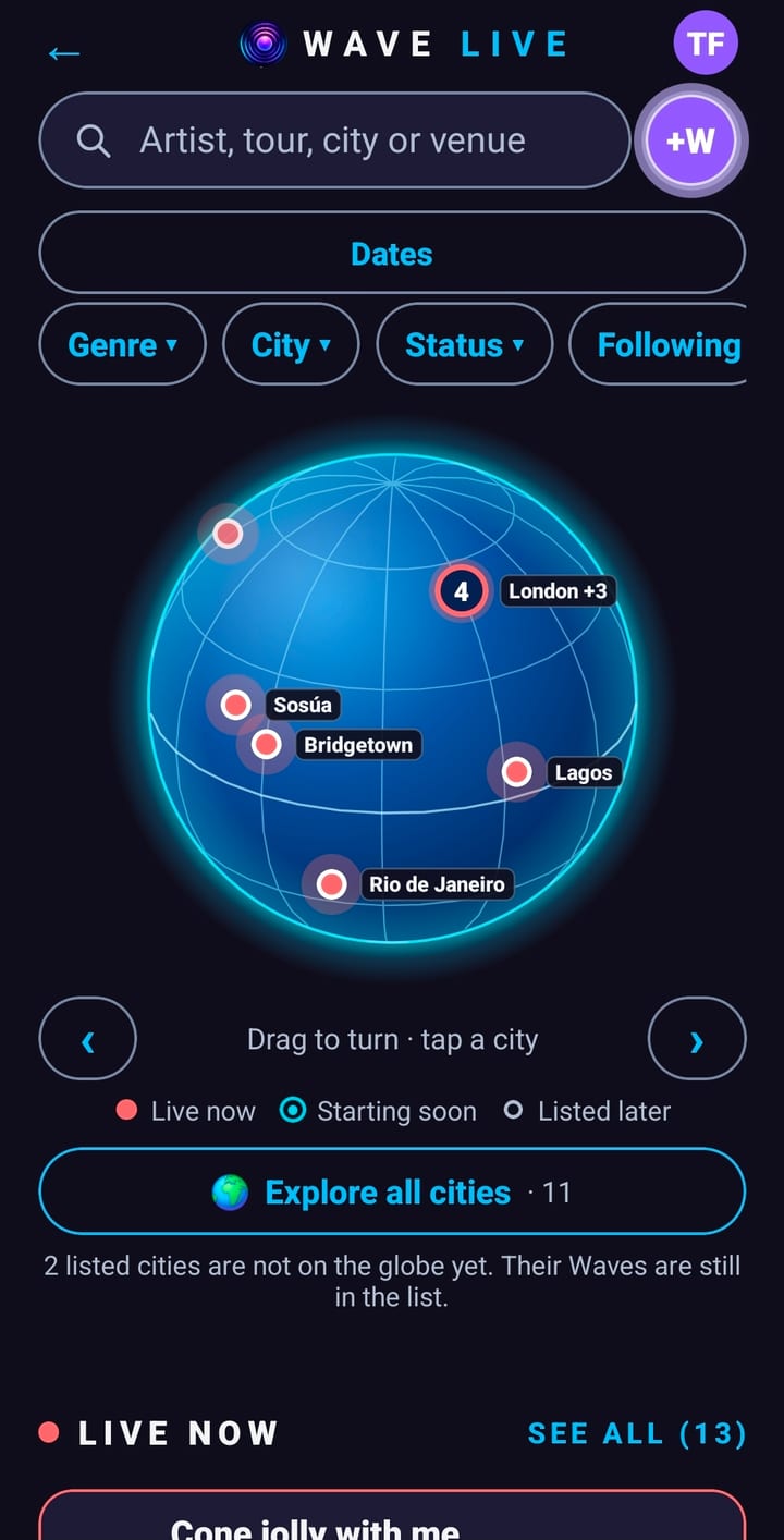 The WAVE LIVE screen with a search bar, filters and a globe marking cities with test Waves, above a Live now list.