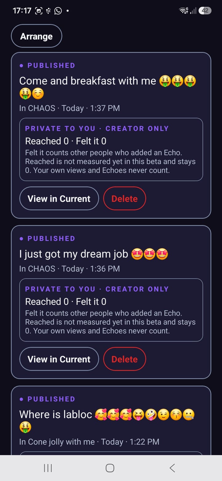 My Moments: published Moments from a test account, each with a creator-only panel that only the person who posted can see.