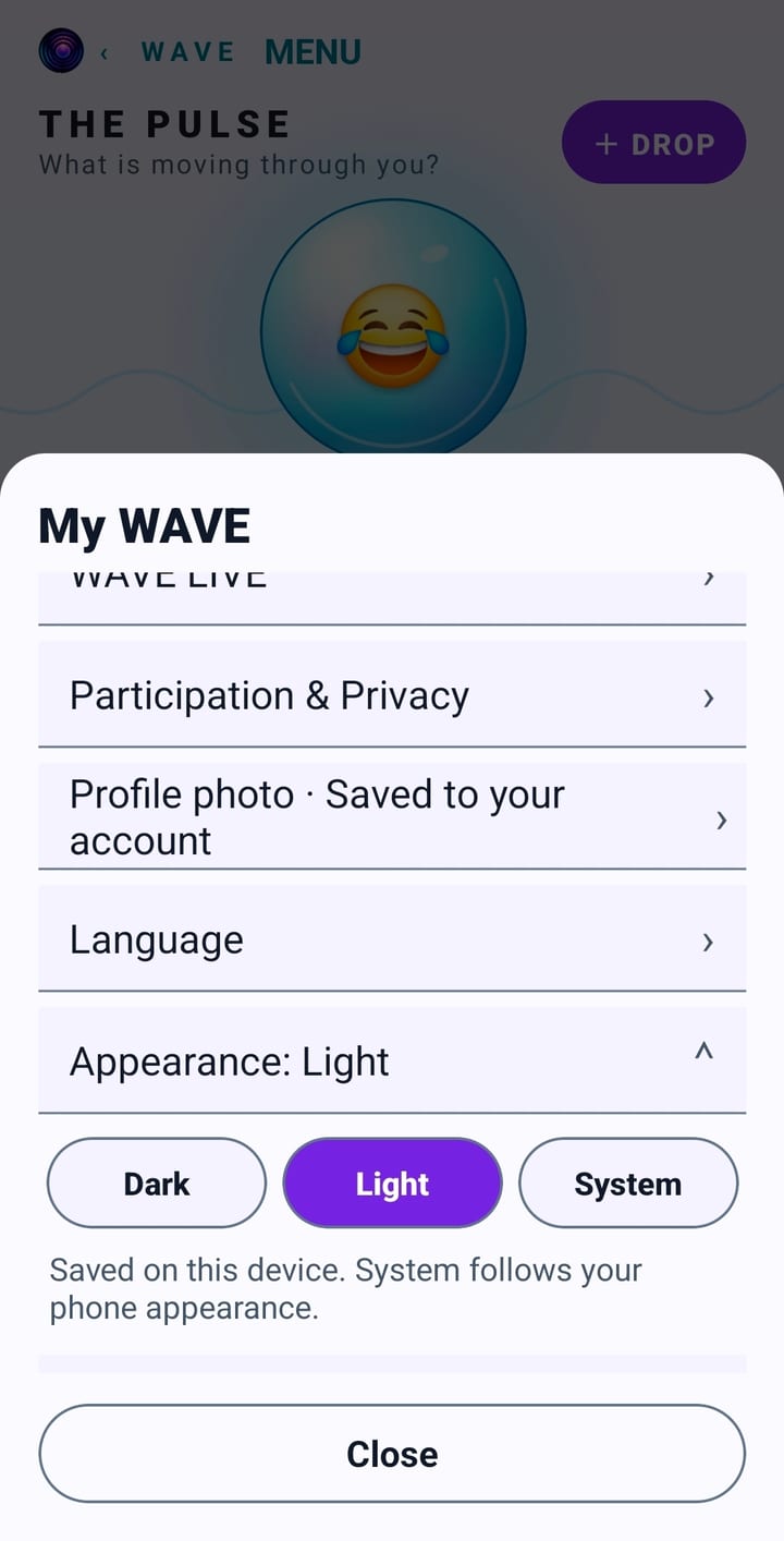 WAVE settings in the light appearance, with Appearance set to Light and the options Dark, Light and System.